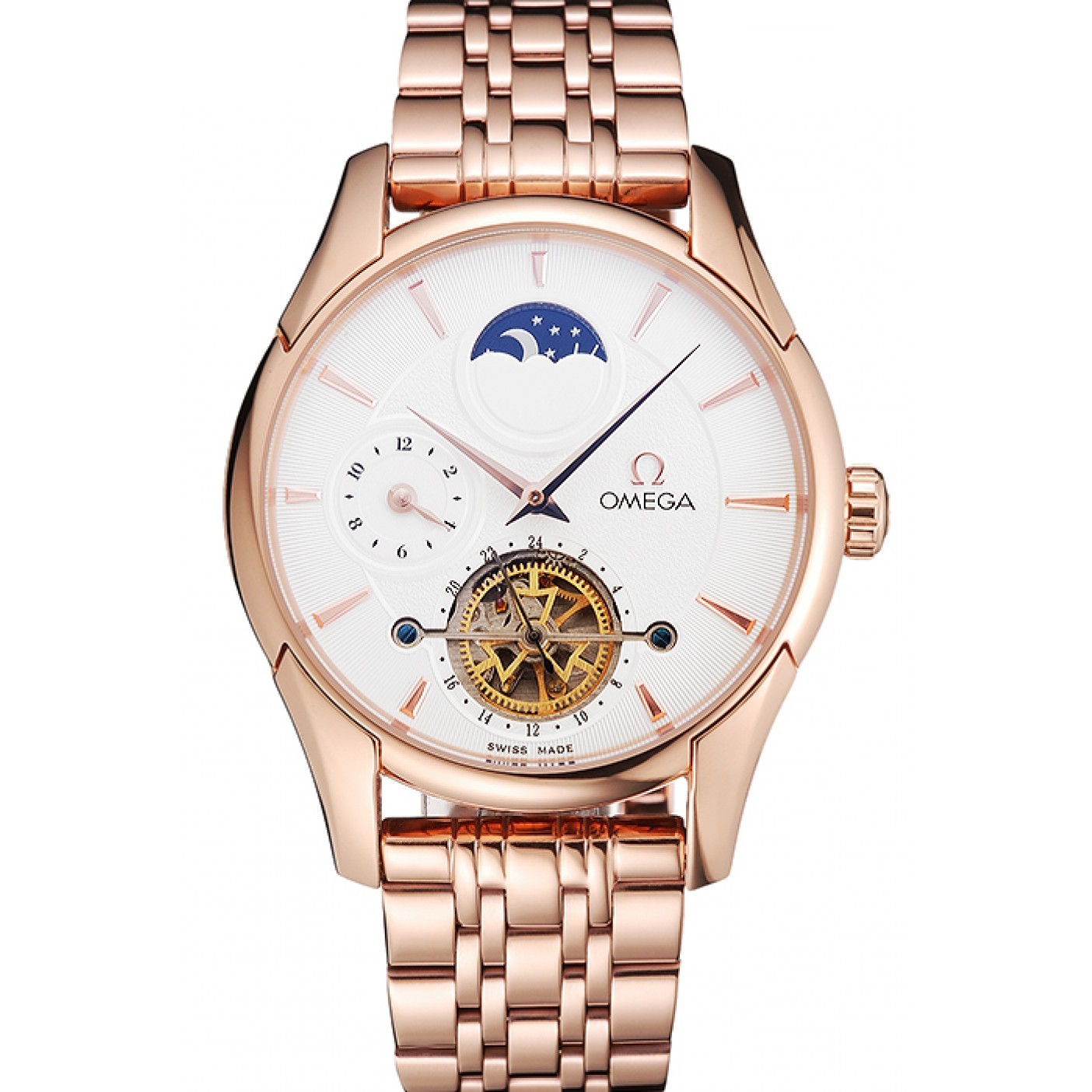 MiroTime Omega De Ville Moonphase Tourbillon White Dial Rose Gold Case And Bracelet