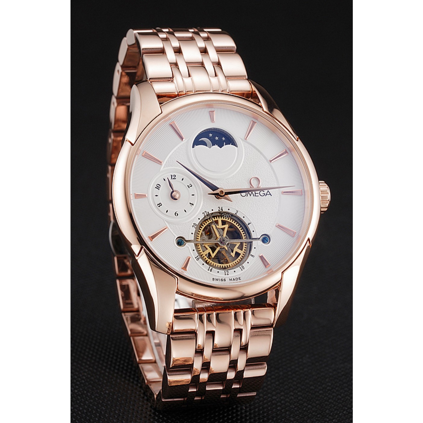 MiroTime Omega De Ville Moonphase Tourbillon White Dial Rose Gold Case And Bracelet