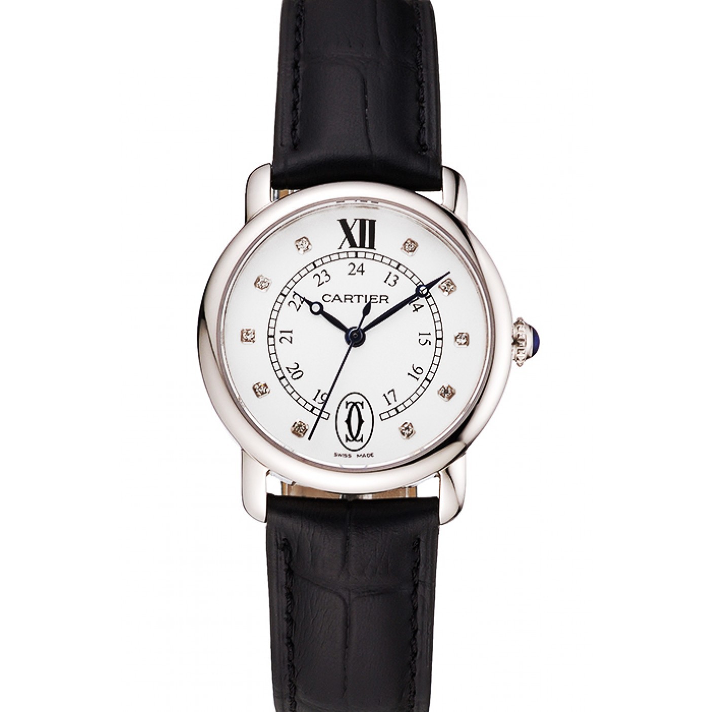 MiroTime Cartier Ronde White Dial Diamond Hour Marks Stainless Steel Case Black Leather Strap