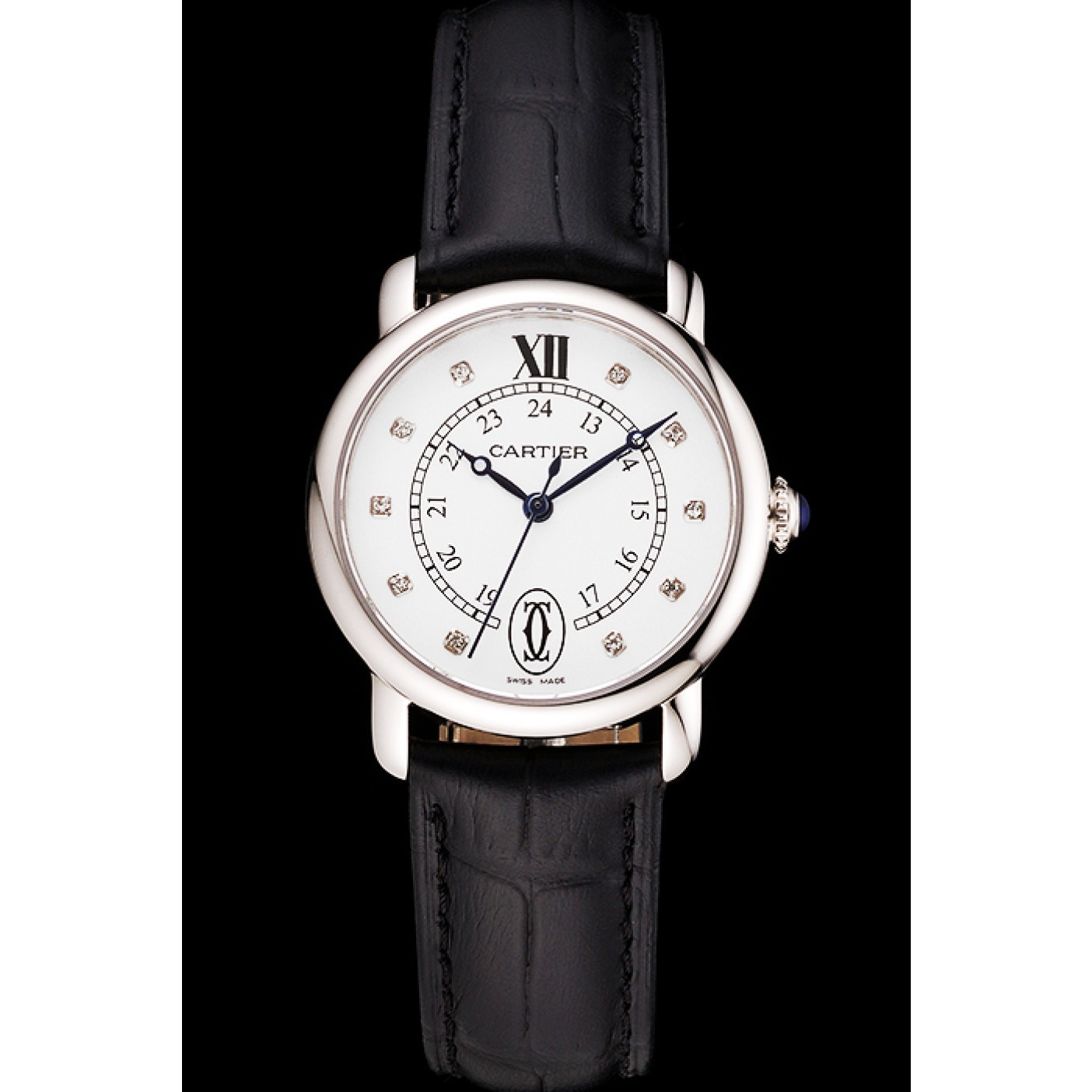 MiroTime Cartier Ronde White Dial Diamond Hour Marks Stainless Steel Case Black Leather Strap