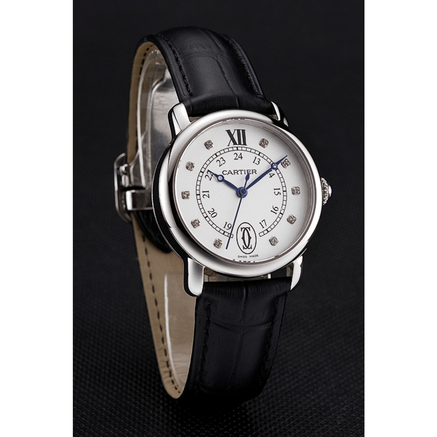 MiroTime Cartier Ronde White Dial Diamond Hour Marks Stainless Steel Case Black Leather Strap