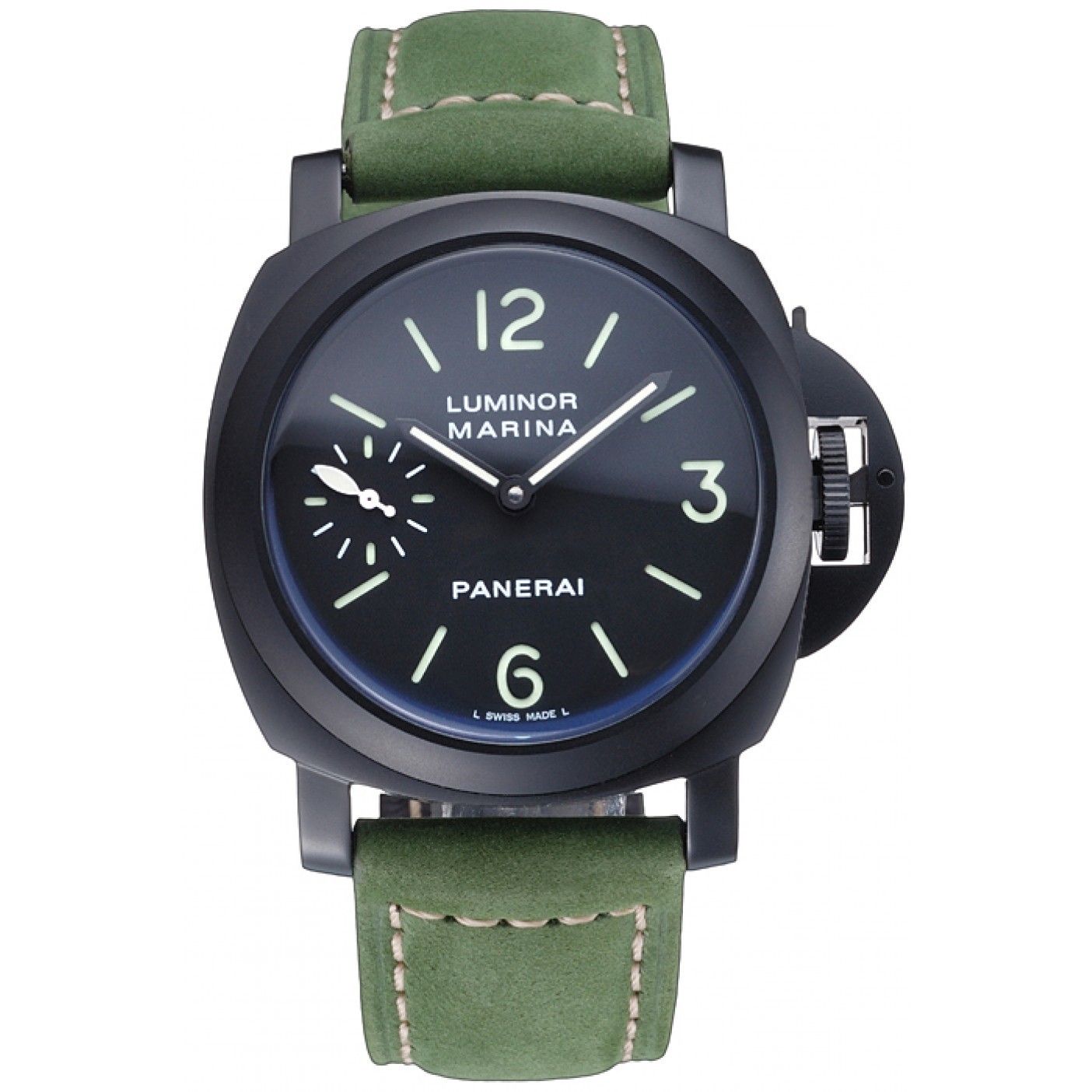 MiroTime Panerai Luminor Marina Ion Plated Stainless Steel Bezel Green Leather Bracelet 622312