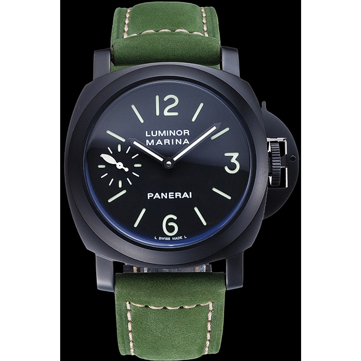 MiroTime Panerai Luminor Marina Ion Plated Stainless Steel Bezel Green Leather Bracelet 622312