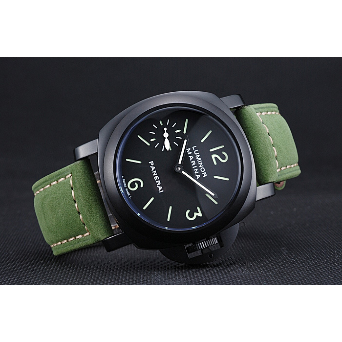MiroTime Panerai Luminor Marina Ion Plated Stainless Steel Bezel Green Leather Bracelet 622312