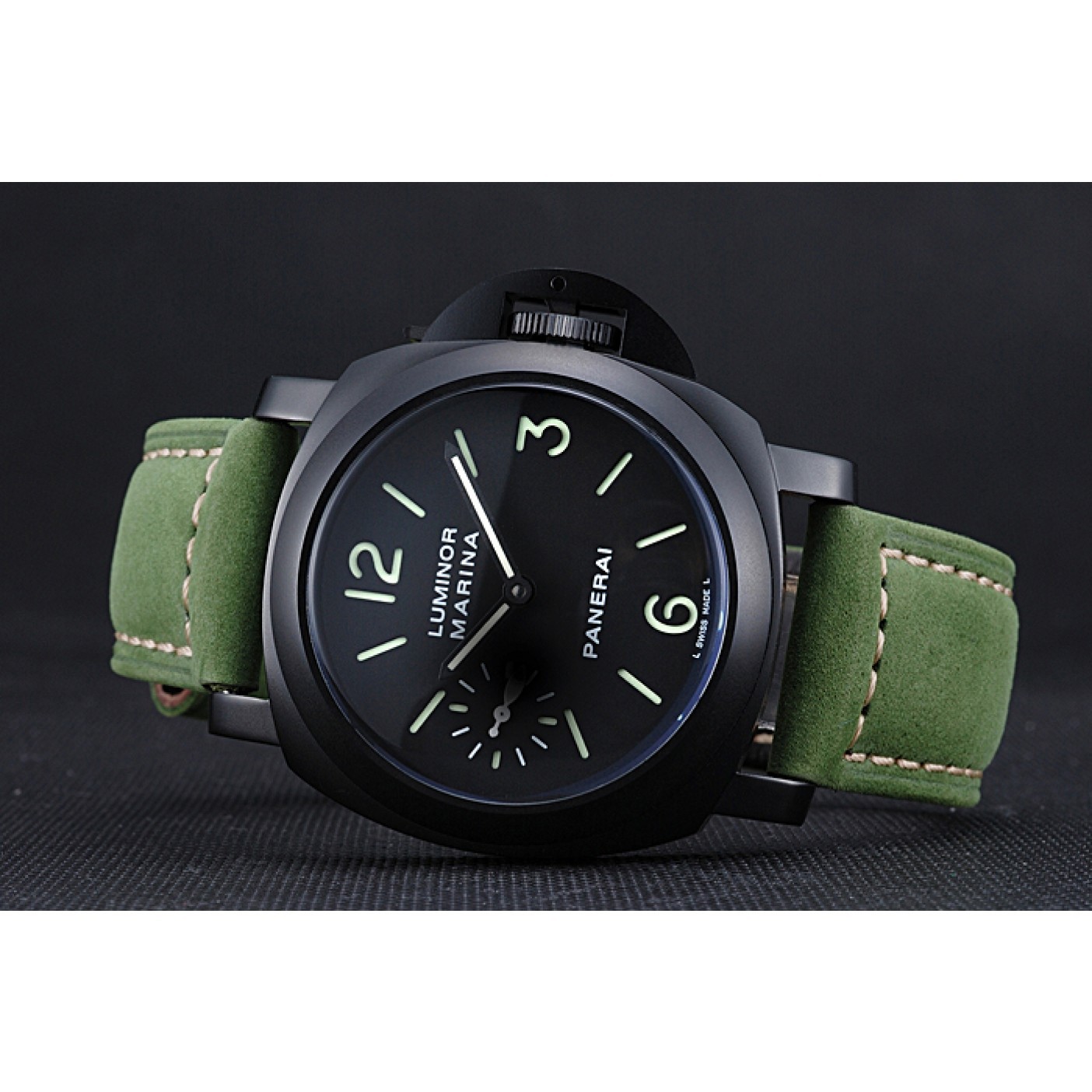 MiroTime Panerai Luminor Marina Ion Plated Stainless Steel Bezel Green Leather Bracelet 622312