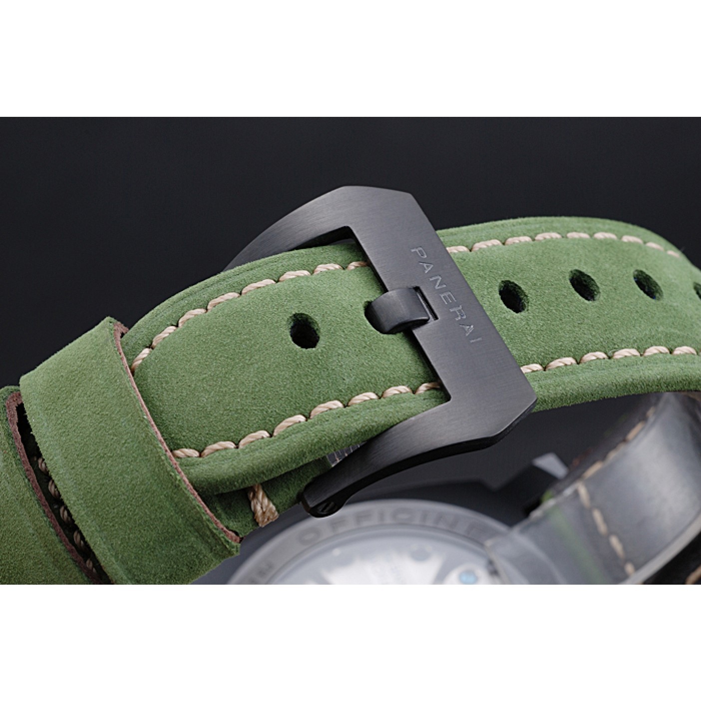 MiroTime Panerai Luminor Marina Ion Plated Stainless Steel Bezel Green Leather Bracelet 622312