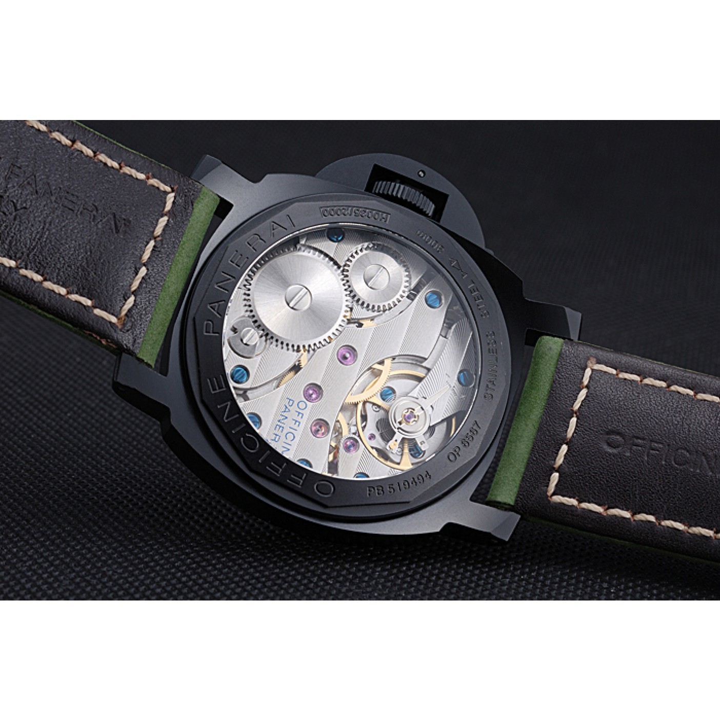 MiroTime Panerai Luminor Marina Ion Plated Stainless Steel Bezel Green Leather Bracelet 622312