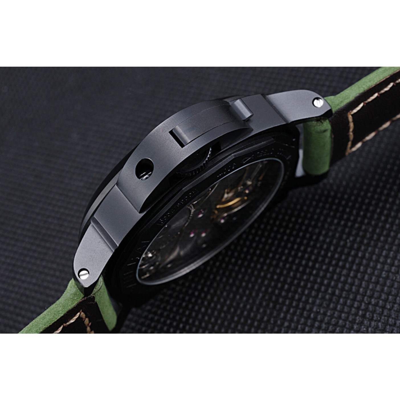 MiroTime Panerai Luminor Marina Ion Plated Stainless Steel Bezel Green Leather Bracelet 622312