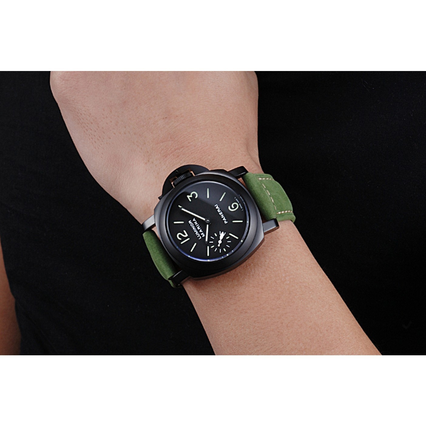 MiroTime Panerai Luminor Marina Ion Plated Stainless Steel Bezel Green Leather Bracelet 622312