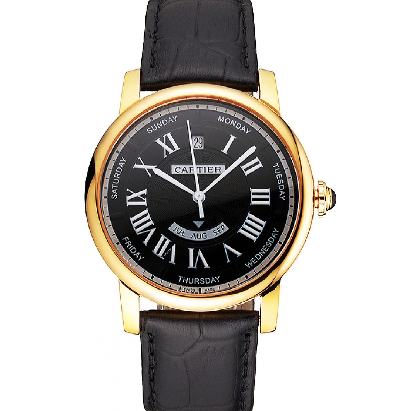 MiroTime Swiss Cartier Rotonde Annual Calendar Black Dial Gold Case Black Leather Strap