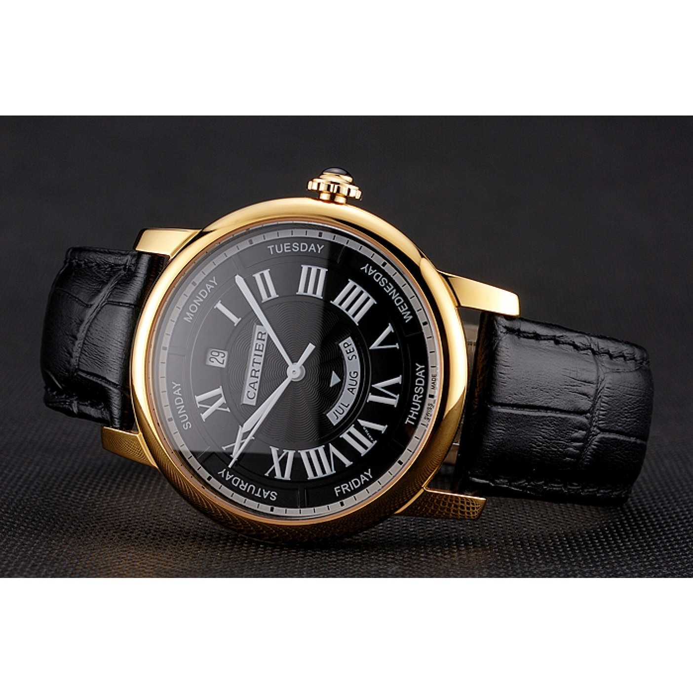 MiroTime Swiss Cartier Rotonde Annual Calendar Black Dial Gold Case Black Leather Strap