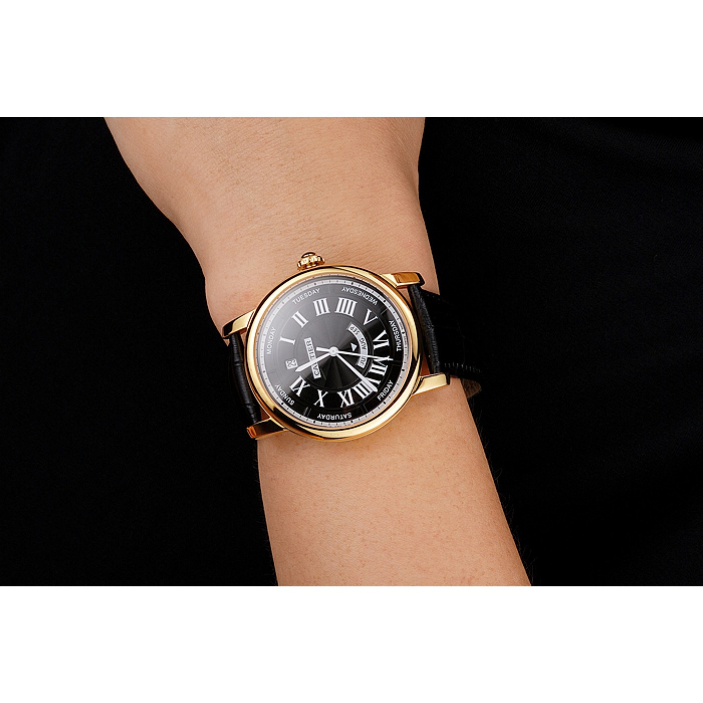 MiroTime Swiss Cartier Rotonde Annual Calendar Black Dial Gold Case Black Leather Strap