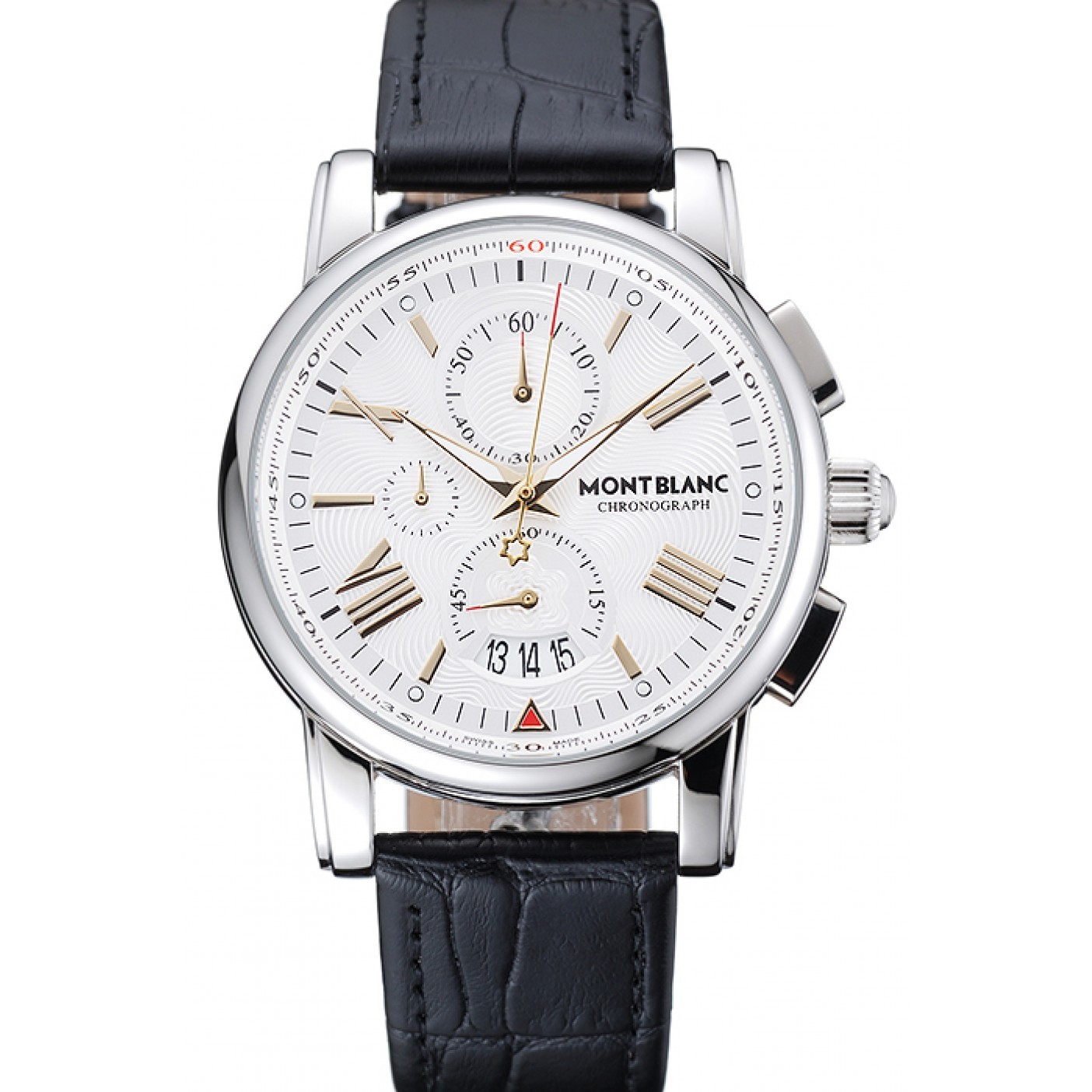 MiroTime Montblanc Chronograph White Dial Black Leather Bracelet Silver Case 1454114