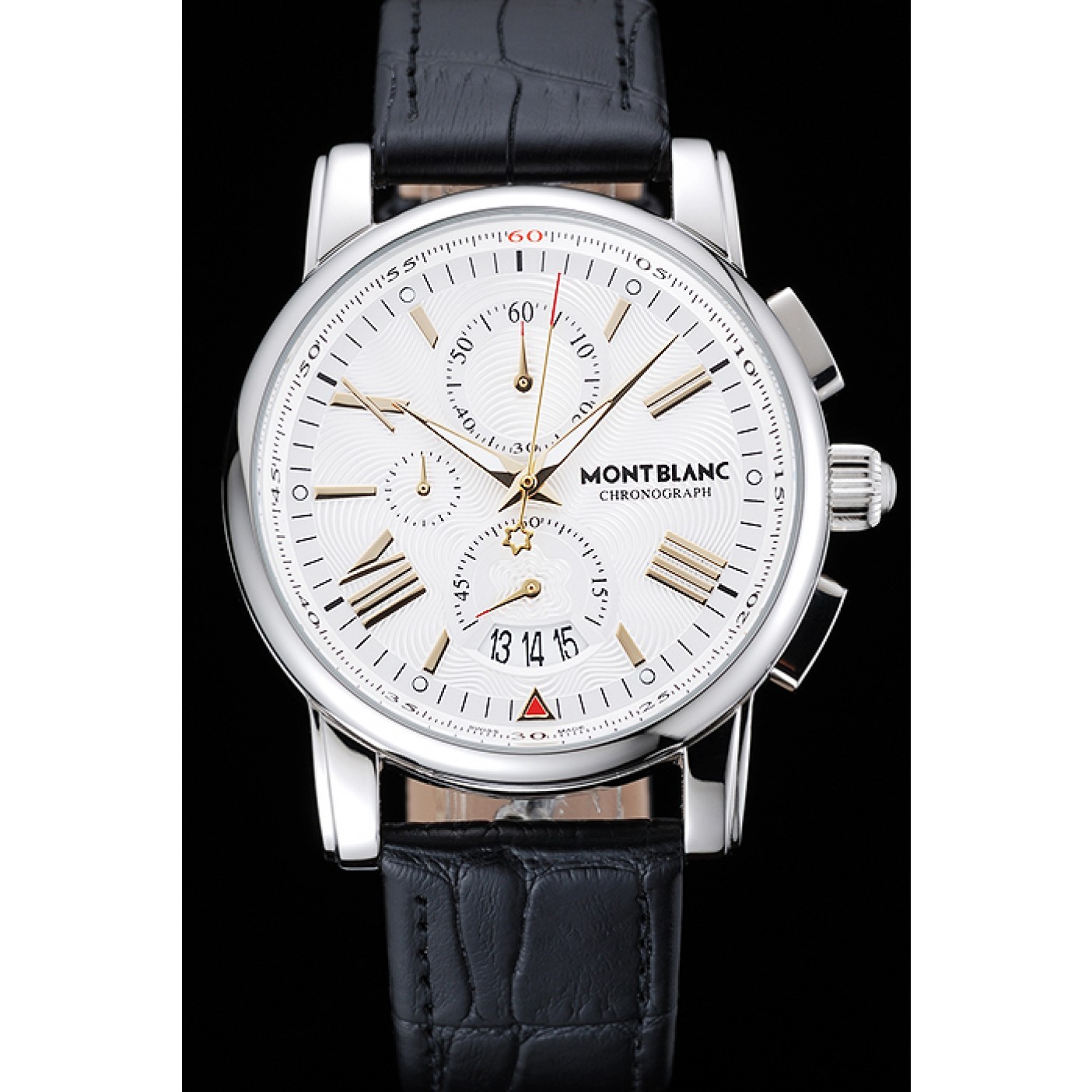MiroTime Montblanc Chronograph White Dial Black Leather Bracelet Silver Case 1454114