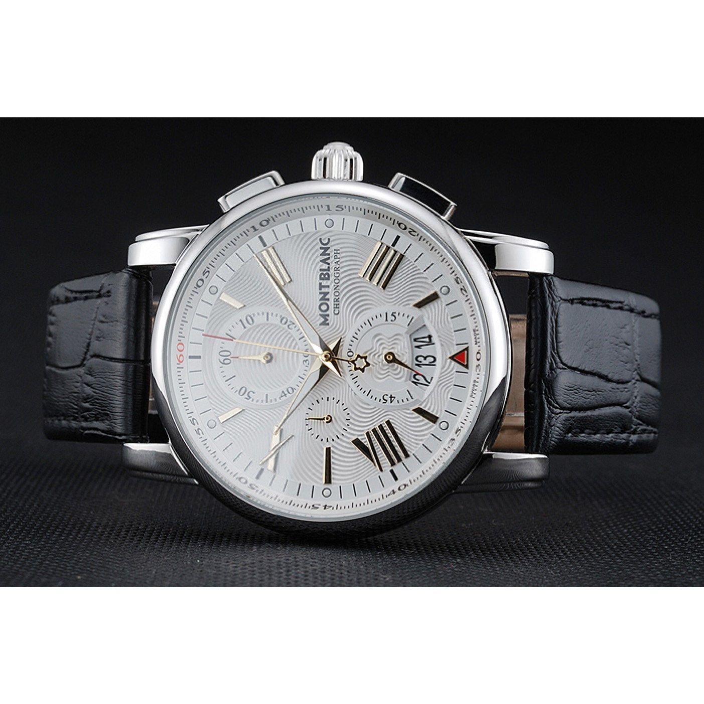 MiroTime Montblanc Chronograph White Dial Black Leather Bracelet Silver Case 1454114