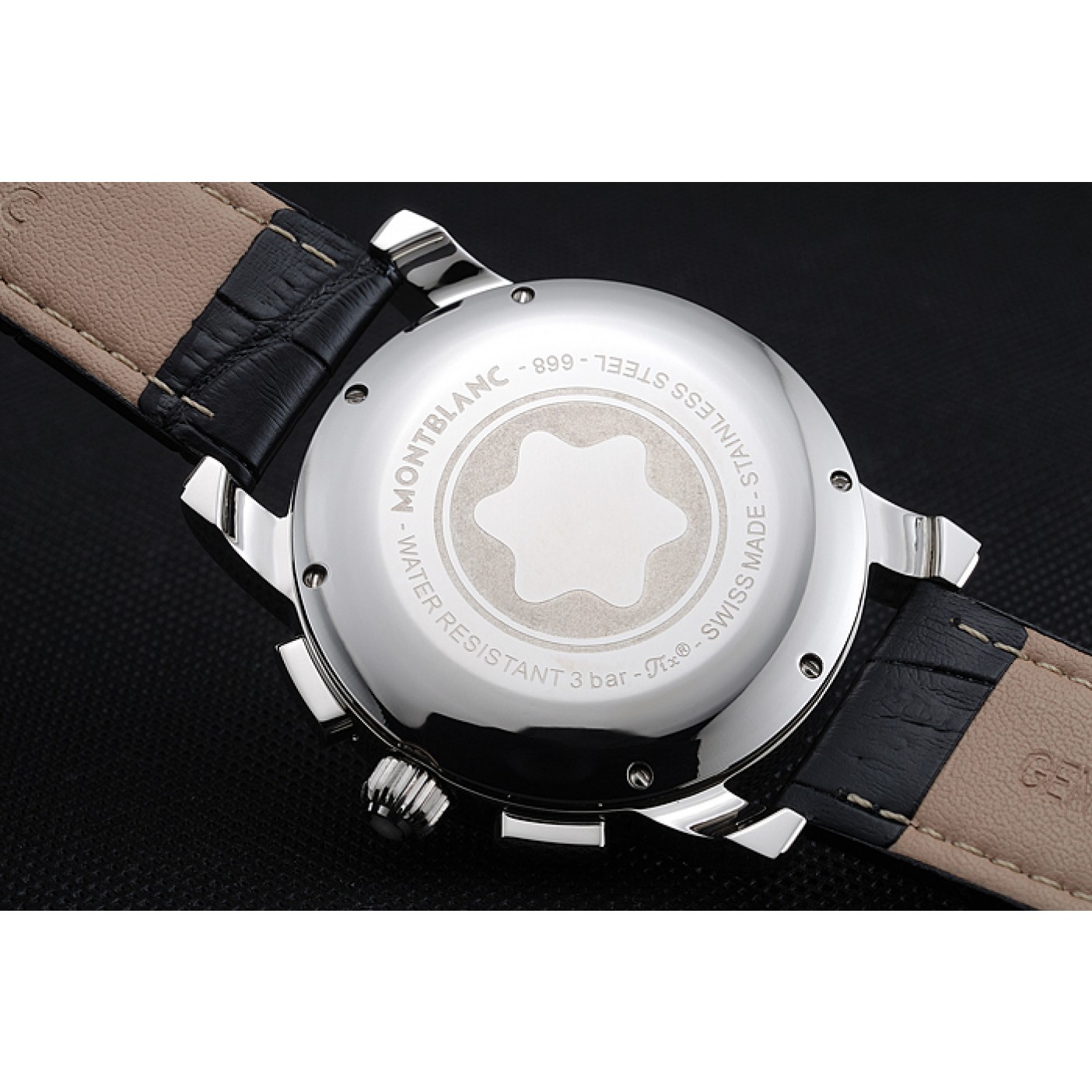 MiroTime Montblanc Chronograph White Dial Black Leather Bracelet Silver Case 1454114