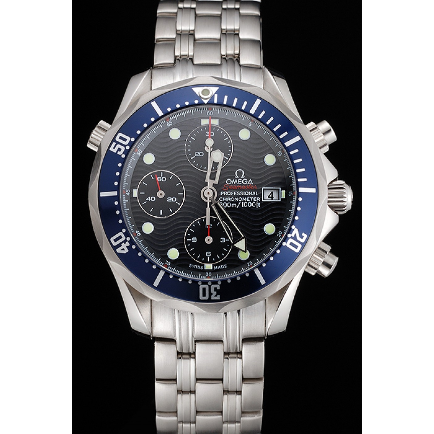 MiroTime Swiss Omega Seamaster Chronograph 300m Blue Dial Blue Bezel Stainless Steel Case And Bracelet