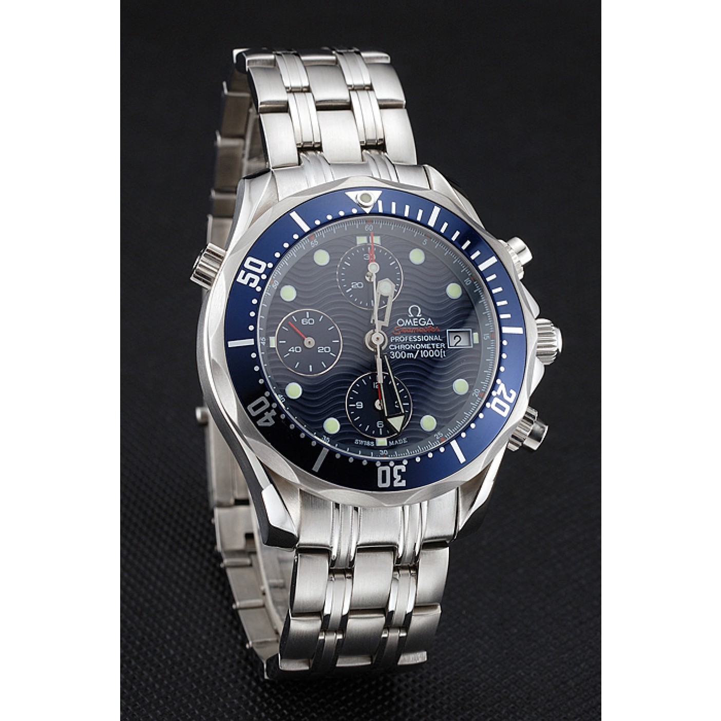 MiroTime Swiss Omega Seamaster Chronograph 300m Blue Dial Blue Bezel Stainless Steel Case And Bracelet