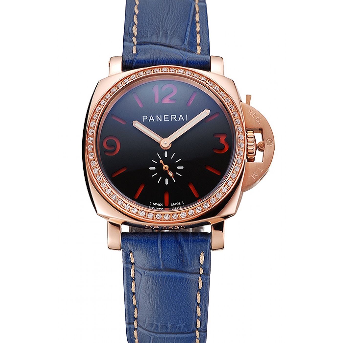 MiroTime Panerai Radiomir Black Dial Diamond Bezel Rose Gold Case Blue Leather Strap 1453800