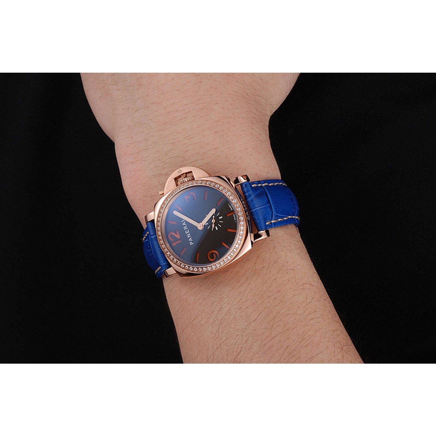 MiroTime Panerai Radiomir Black Dial Diamond Bezel Rose Gold Case Blue Leather Strap 1453800