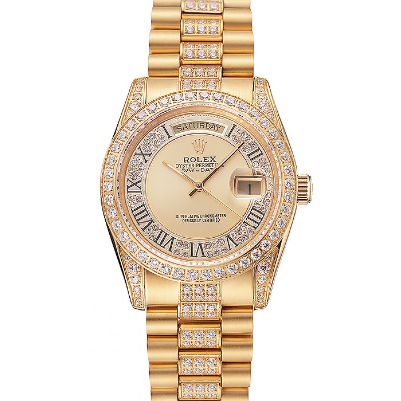 MiroTime Swiss Rolex Day-Date Diamond Pave Gold Dial Gold Diamond Bracelet 1453954