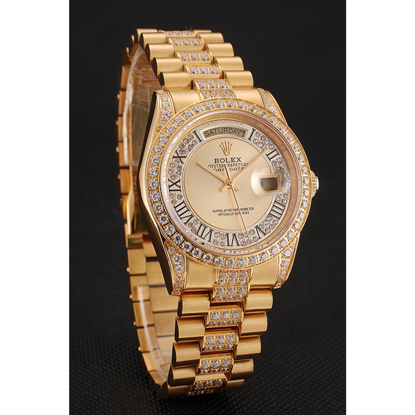 MiroTime Swiss Rolex Day-Date Diamond Pave Gold Dial Gold Diamond Bracelet 1453954
