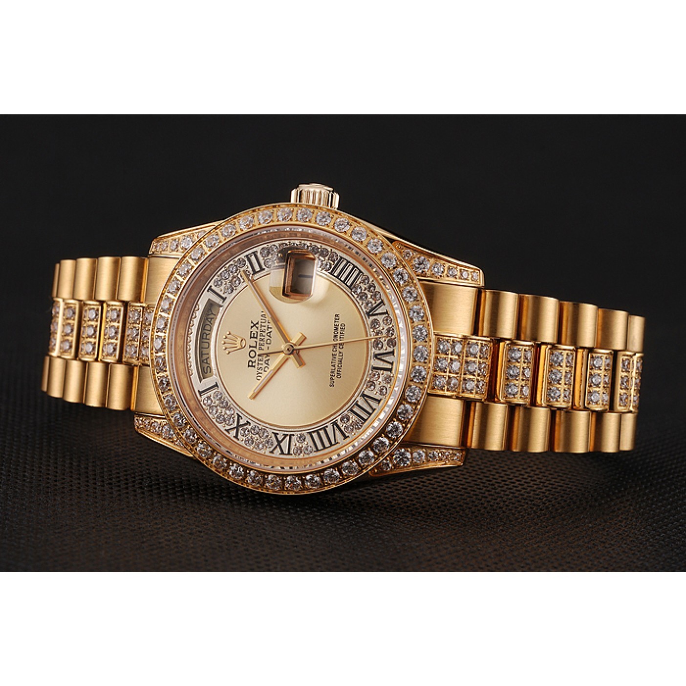 MiroTime Swiss Rolex Day-Date Diamond Pave Gold Dial Gold Diamond Bracelet 1453954