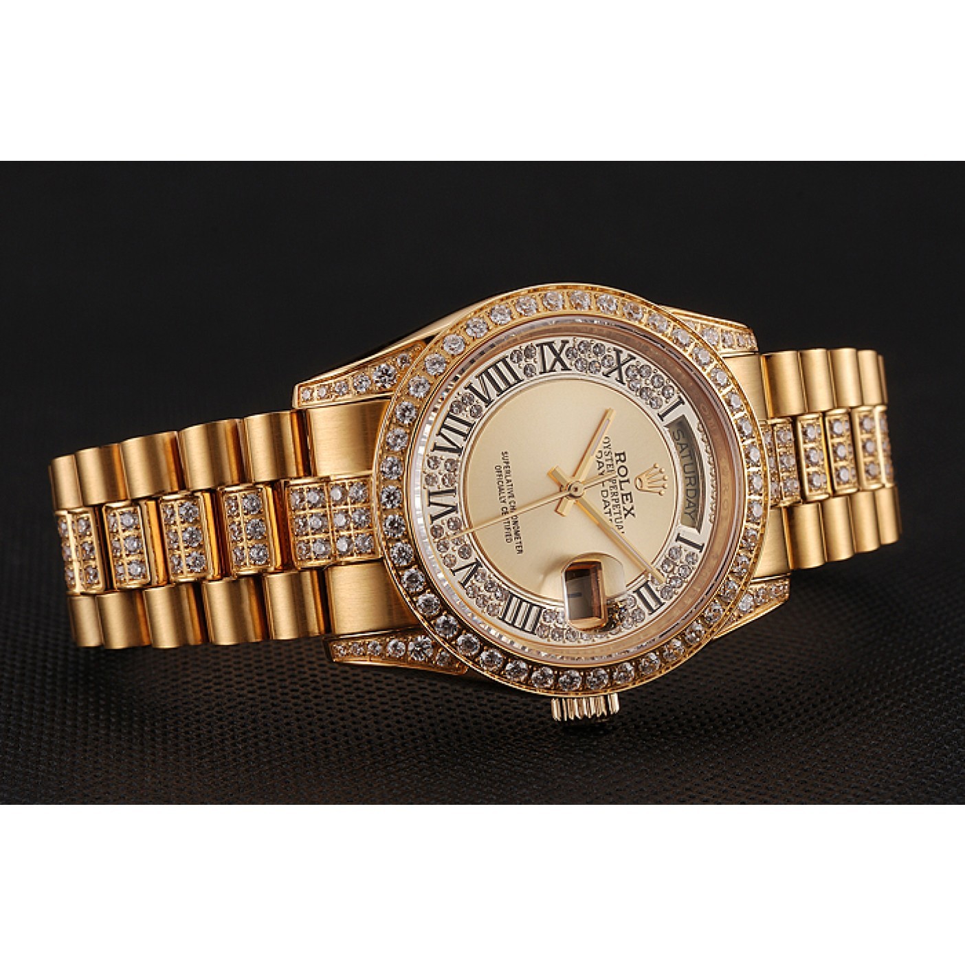 MiroTime Swiss Rolex Day-Date Diamond Pave Gold Dial Gold Diamond Bracelet 1453954