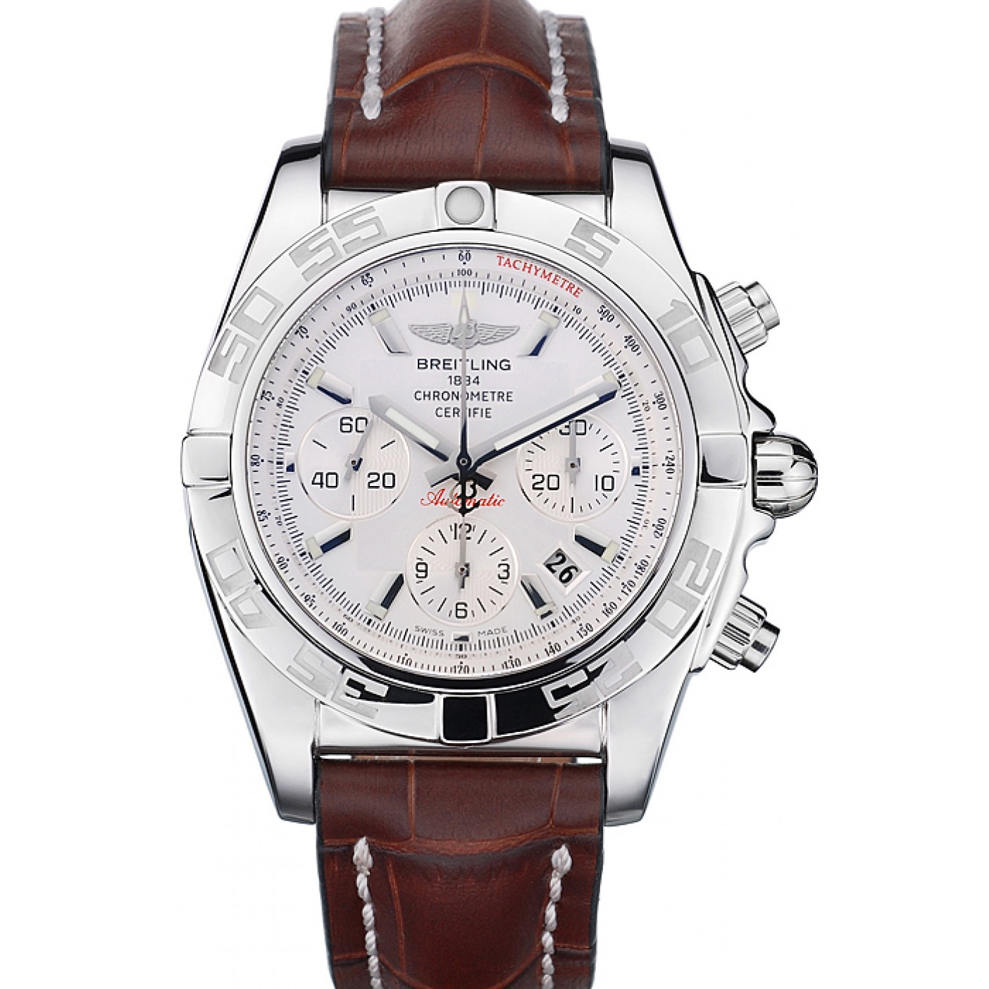 MiroTime Swiss Breitling Certifie Stainless Steel Bezel Brown Croco Leather Bracelet White Dial 80285