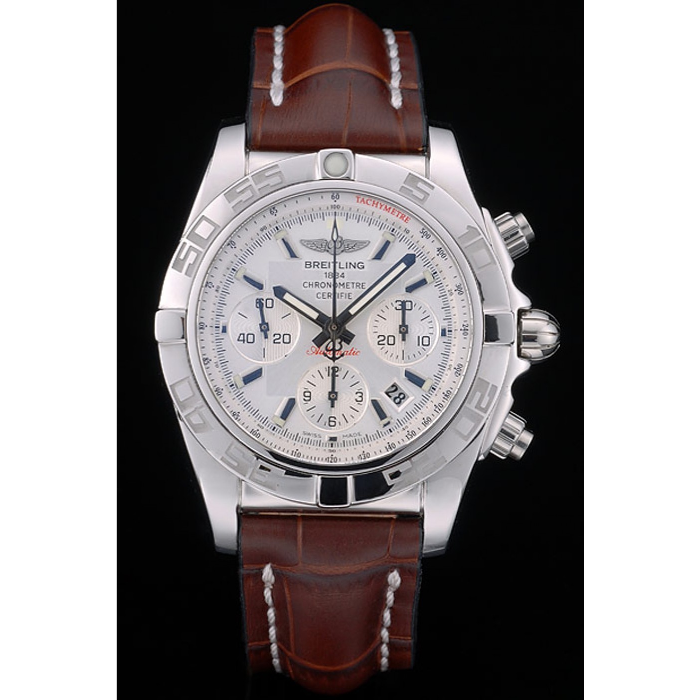 MiroTime Swiss Breitling Certifie Stainless Steel Bezel Brown Croco Leather Bracelet White Dial 80285