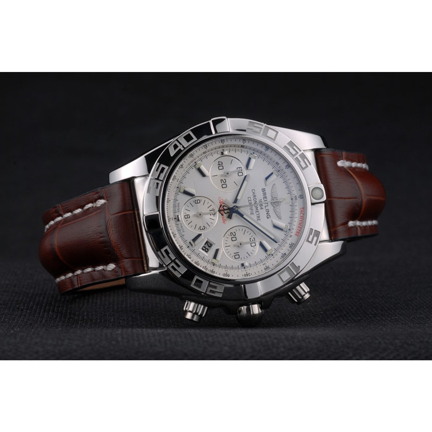 MiroTime Swiss Breitling Certifie Stainless Steel Bezel Brown Croco Leather Bracelet White Dial 80285