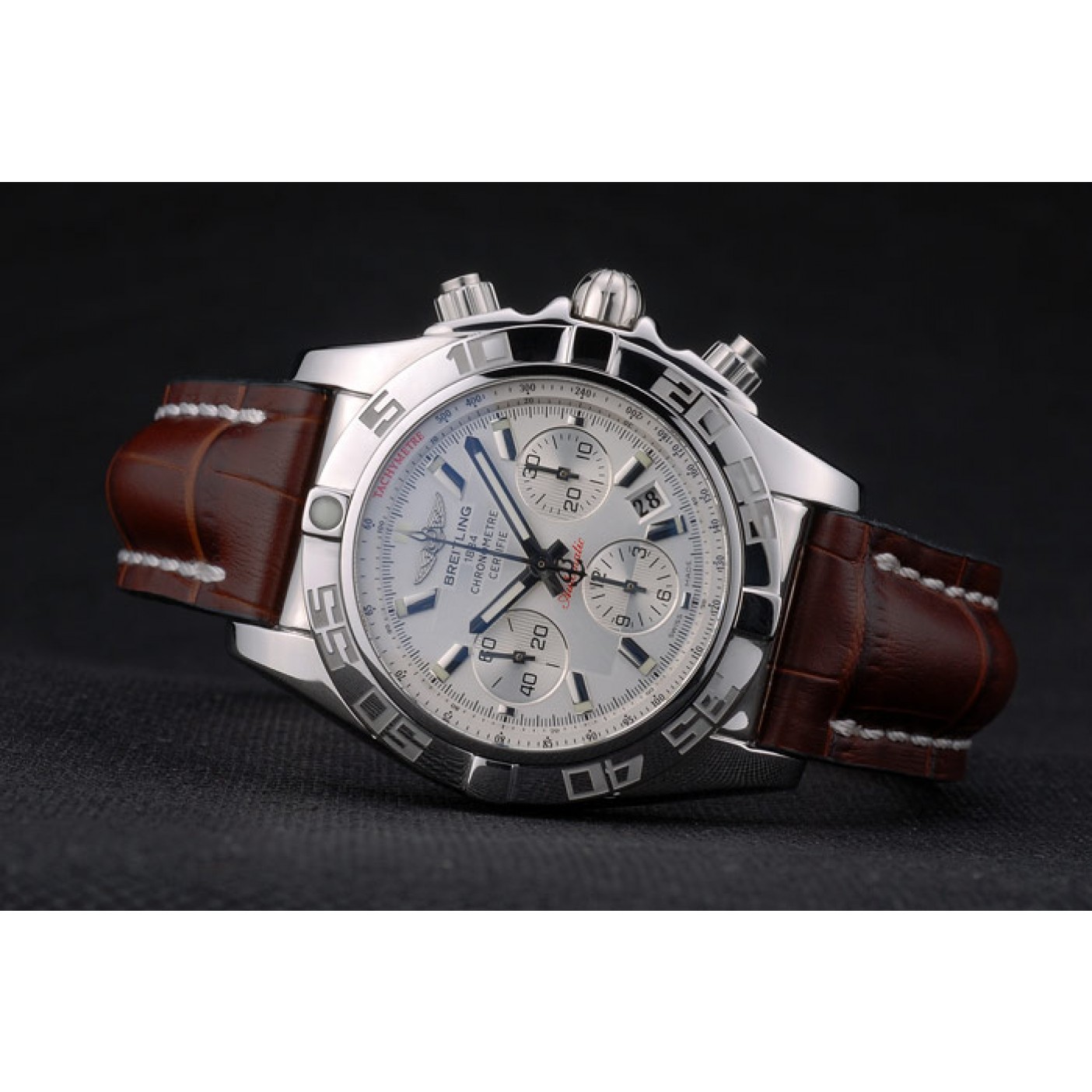 MiroTime Swiss Breitling Certifie Stainless Steel Bezel Brown Croco Leather Bracelet White Dial 80285