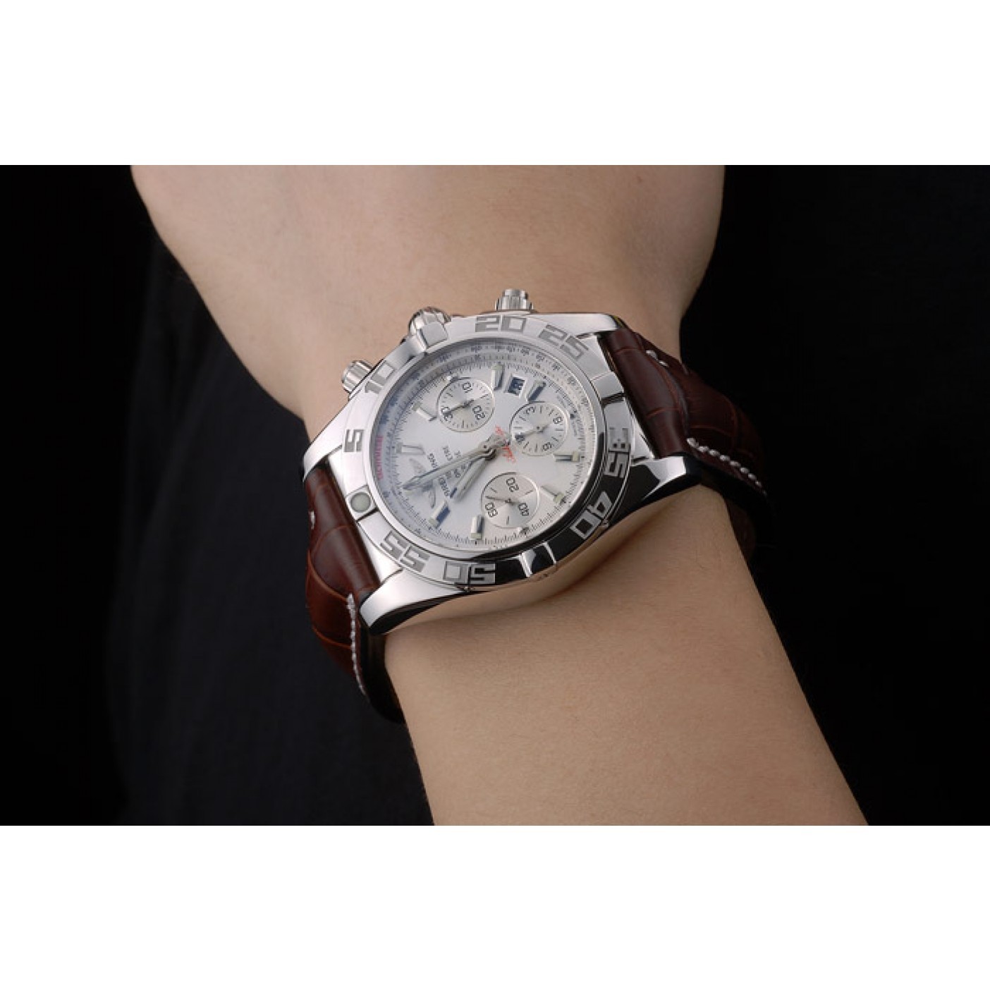 MiroTime Swiss Breitling Certifie Stainless Steel Bezel Brown Croco Leather Bracelet White Dial 80285