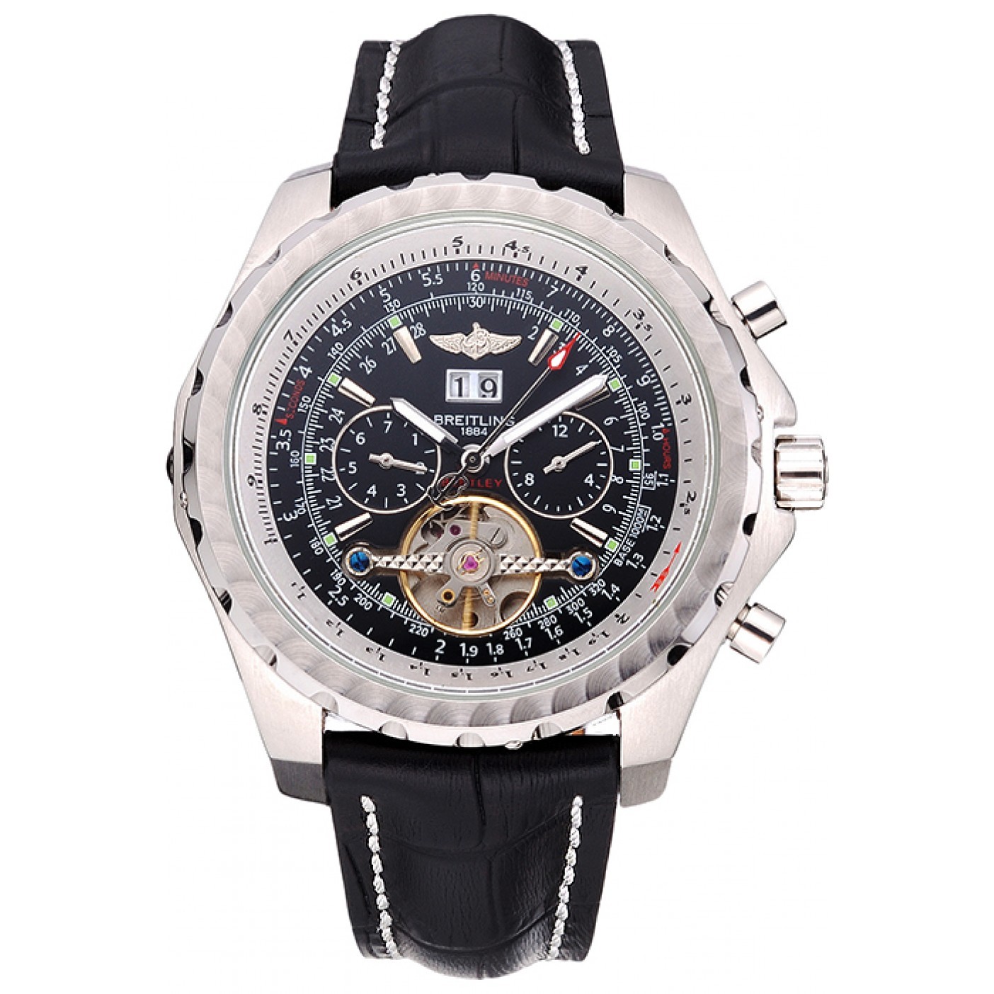 MiroTime Breitling Bentley Mulliner Tourbillon Black Dial Stainless Steel Case Black Leather Strap 622728