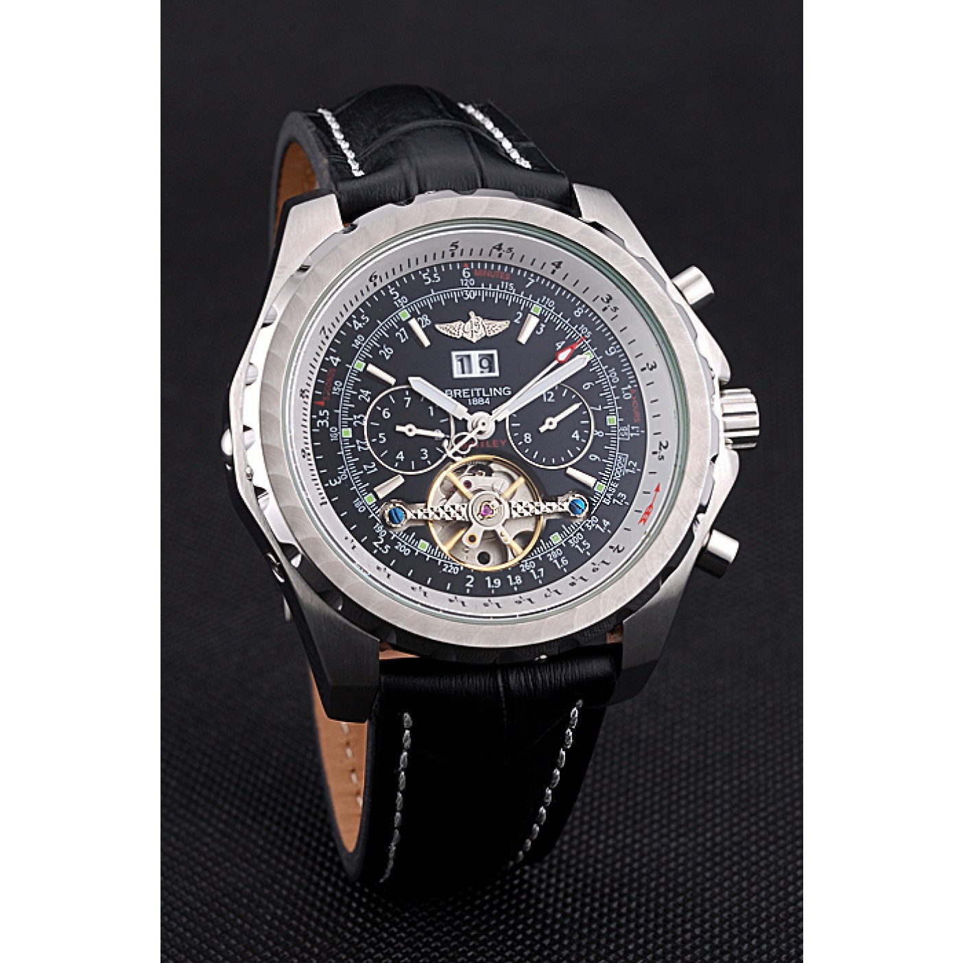 MiroTime Breitling Bentley Mulliner Tourbillon Black Dial Stainless Steel Case Black Leather Strap 622728