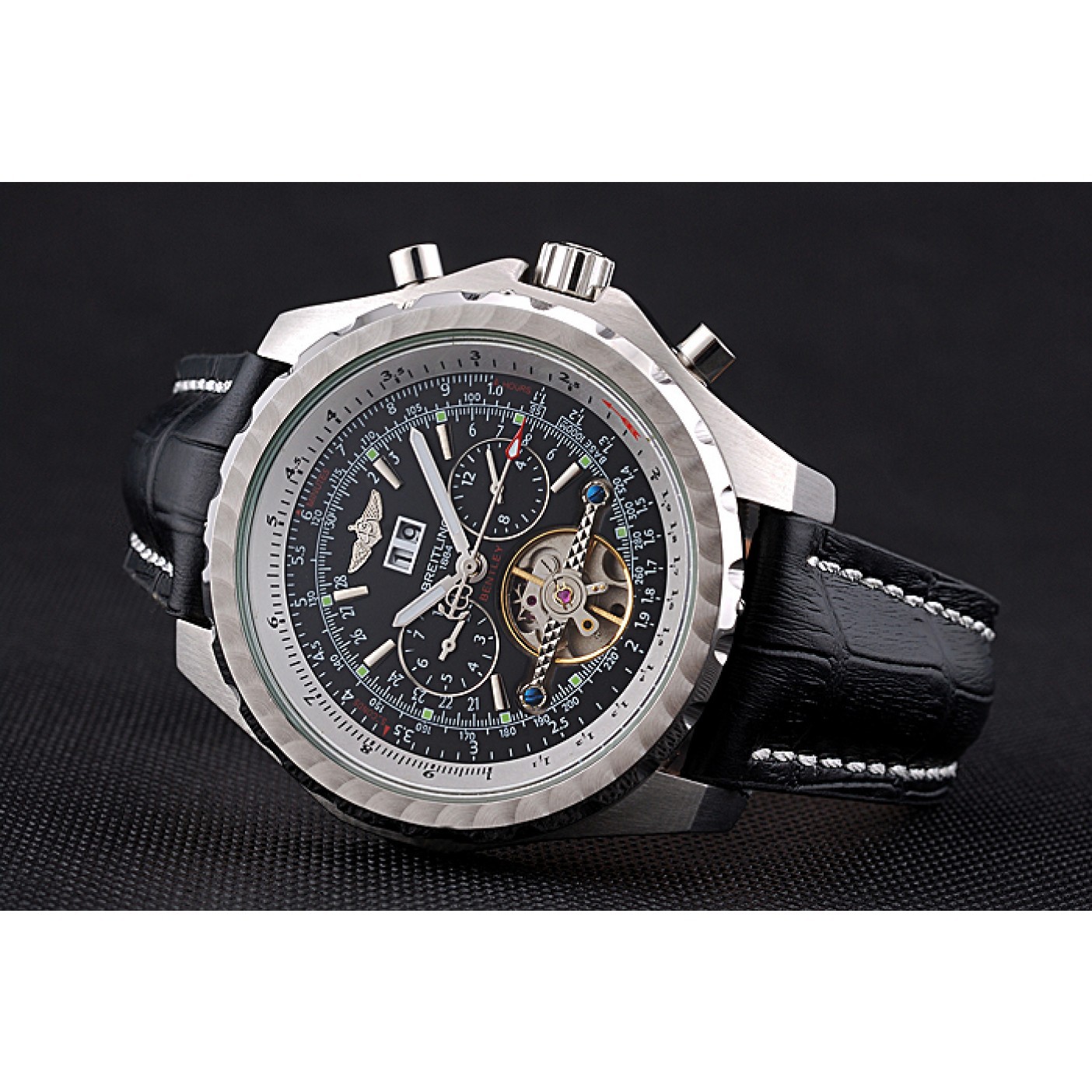 MiroTime Breitling Bentley Mulliner Tourbillon Black Dial Stainless Steel Case Black Leather Strap 622728