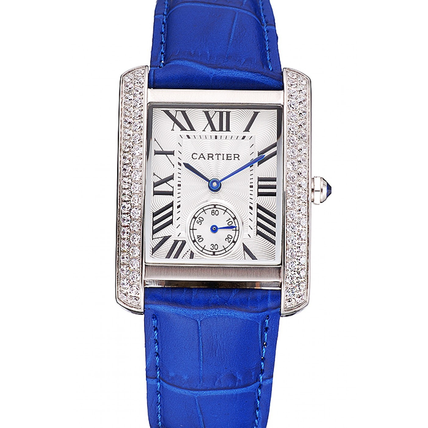 MiroTime Cartier Tank MC Stainless Steel Diamond Case White Dial Blue Leather Strap 622172