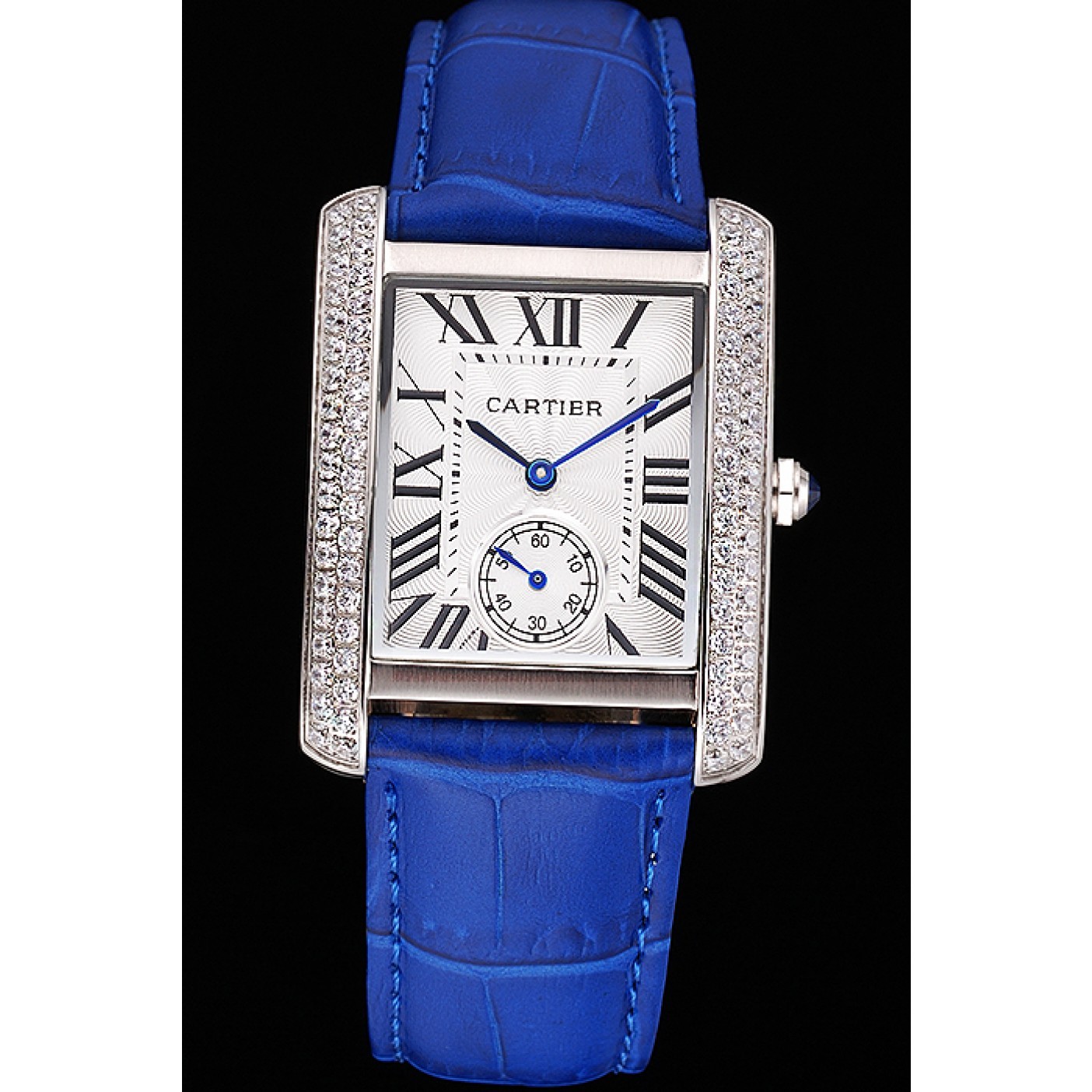MiroTime Cartier Tank MC Stainless Steel Diamond Case White Dial Blue Leather Strap 622172