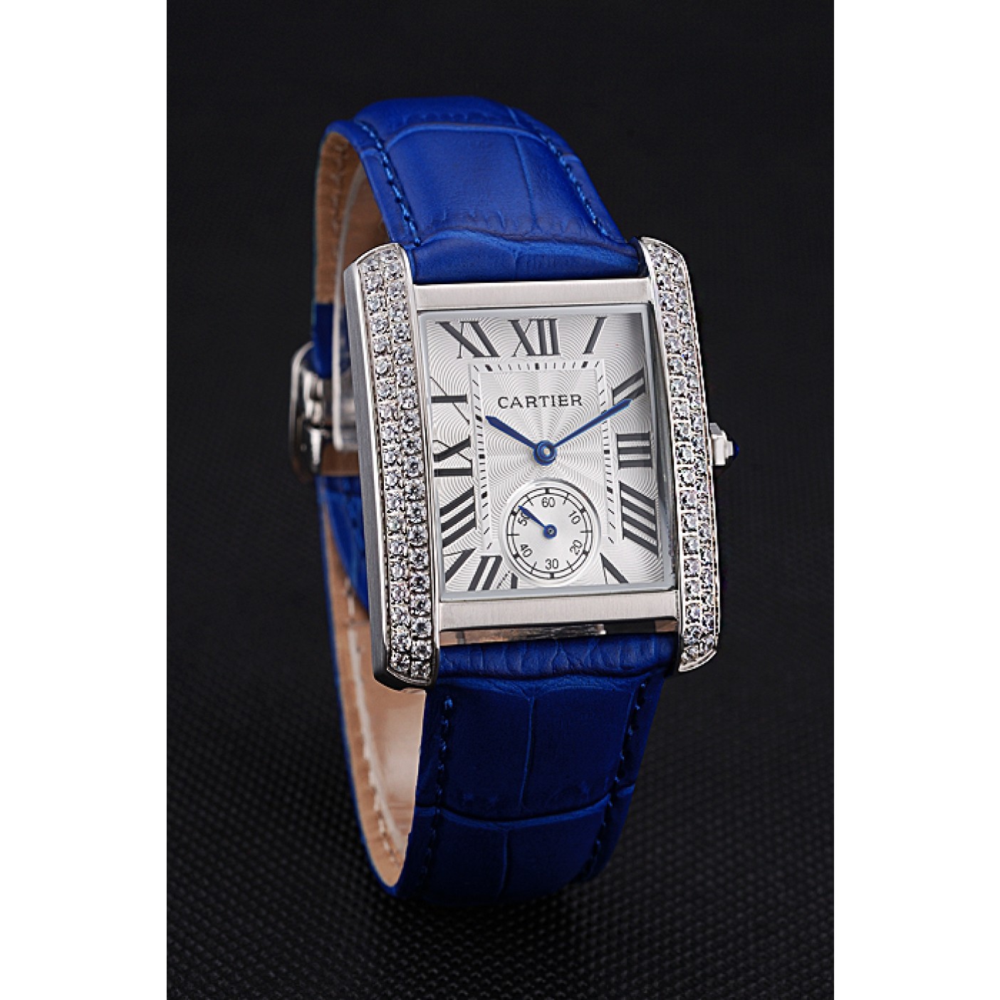 MiroTime Cartier Tank MC Stainless Steel Diamond Case White Dial Blue Leather Strap 622172