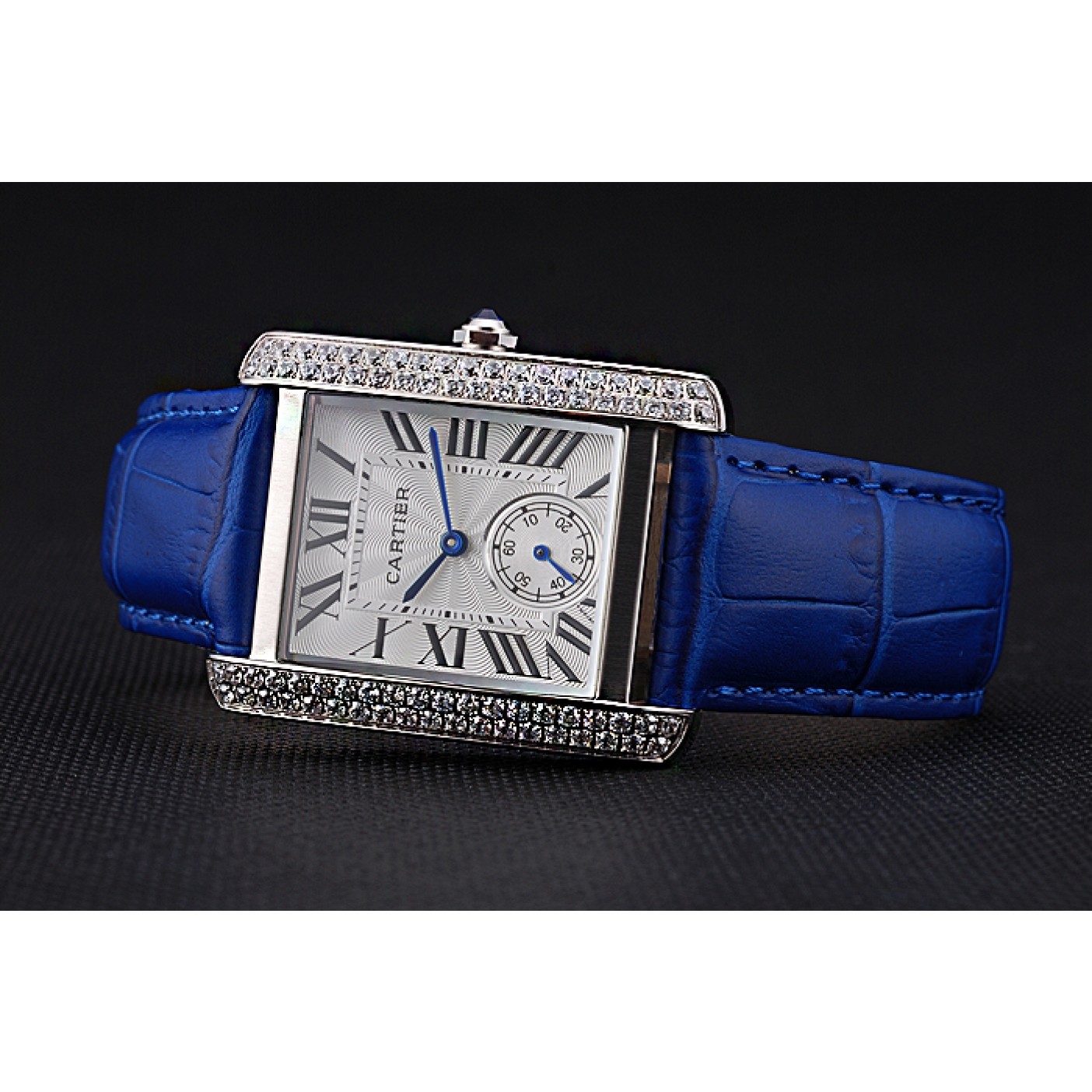 MiroTime Cartier Tank MC Stainless Steel Diamond Case White Dial Blue Leather Strap 622172