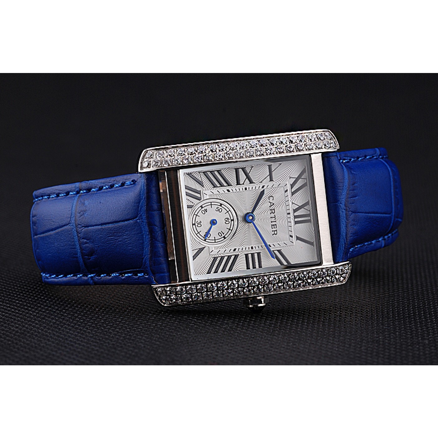 MiroTime Cartier Tank MC Stainless Steel Diamond Case White Dial Blue Leather Strap 622172