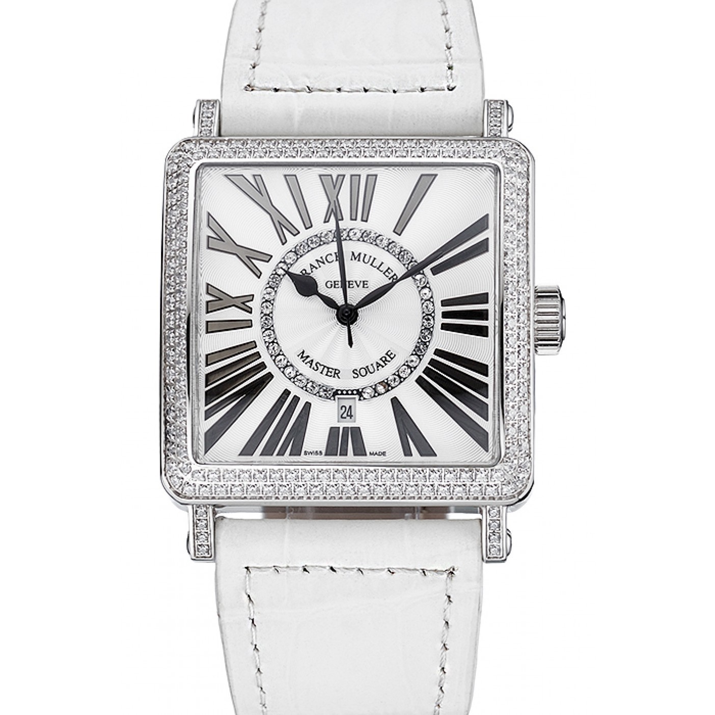 MiroTime Franck Muller Master Square Diamond Encrusted Stainless Steel Bezel White Croco Bracelet 80284