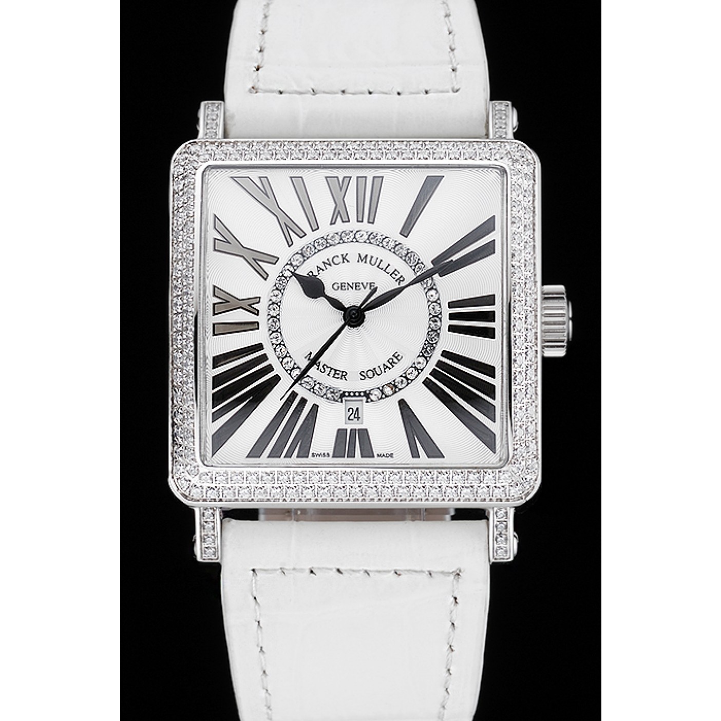 MiroTime Franck Muller Master Square Diamond Encrusted Stainless Steel Bezel White Croco Bracelet 80284
