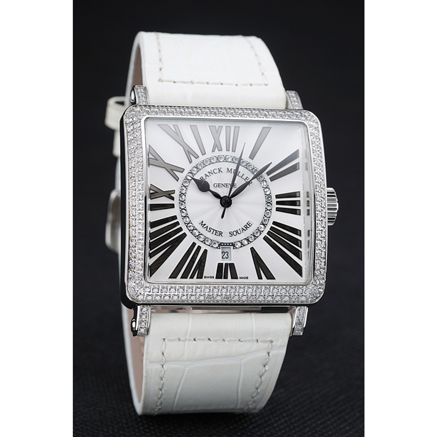 MiroTime Franck Muller Master Square Diamond Encrusted Stainless Steel Bezel White Croco Bracelet 80284