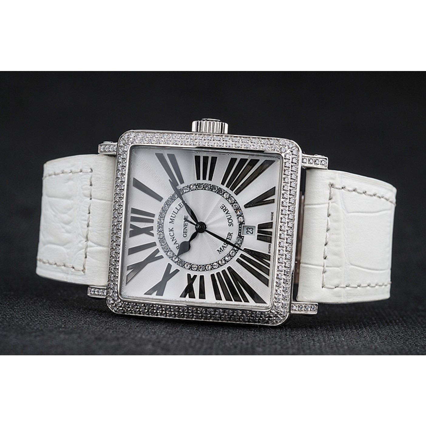 MiroTime Franck Muller Master Square Diamond Encrusted Stainless Steel Bezel White Croco Bracelet 80284