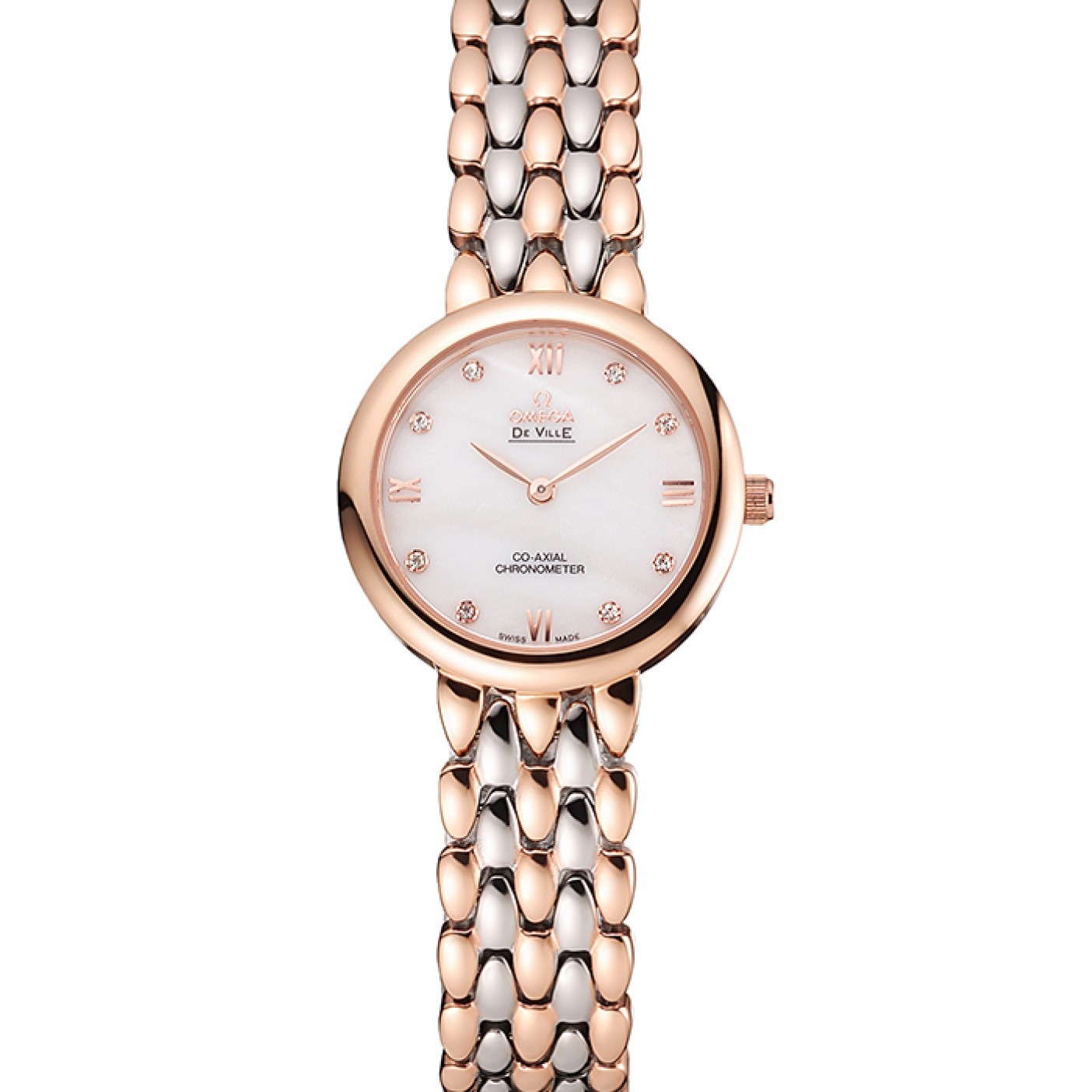 MiroTime Omega De Ville Prestige No Date White Dial With Diamonds Rose Gold Case Two Tone Bracelet