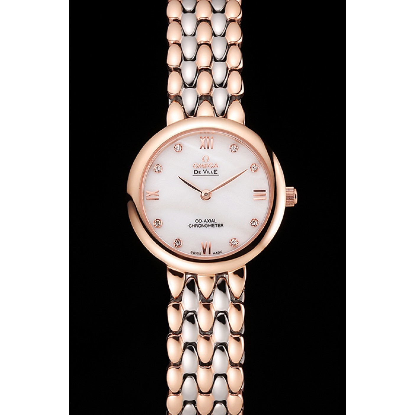 MiroTime Omega De Ville Prestige No Date White Dial With Diamonds Rose Gold Case Two Tone Bracelet
