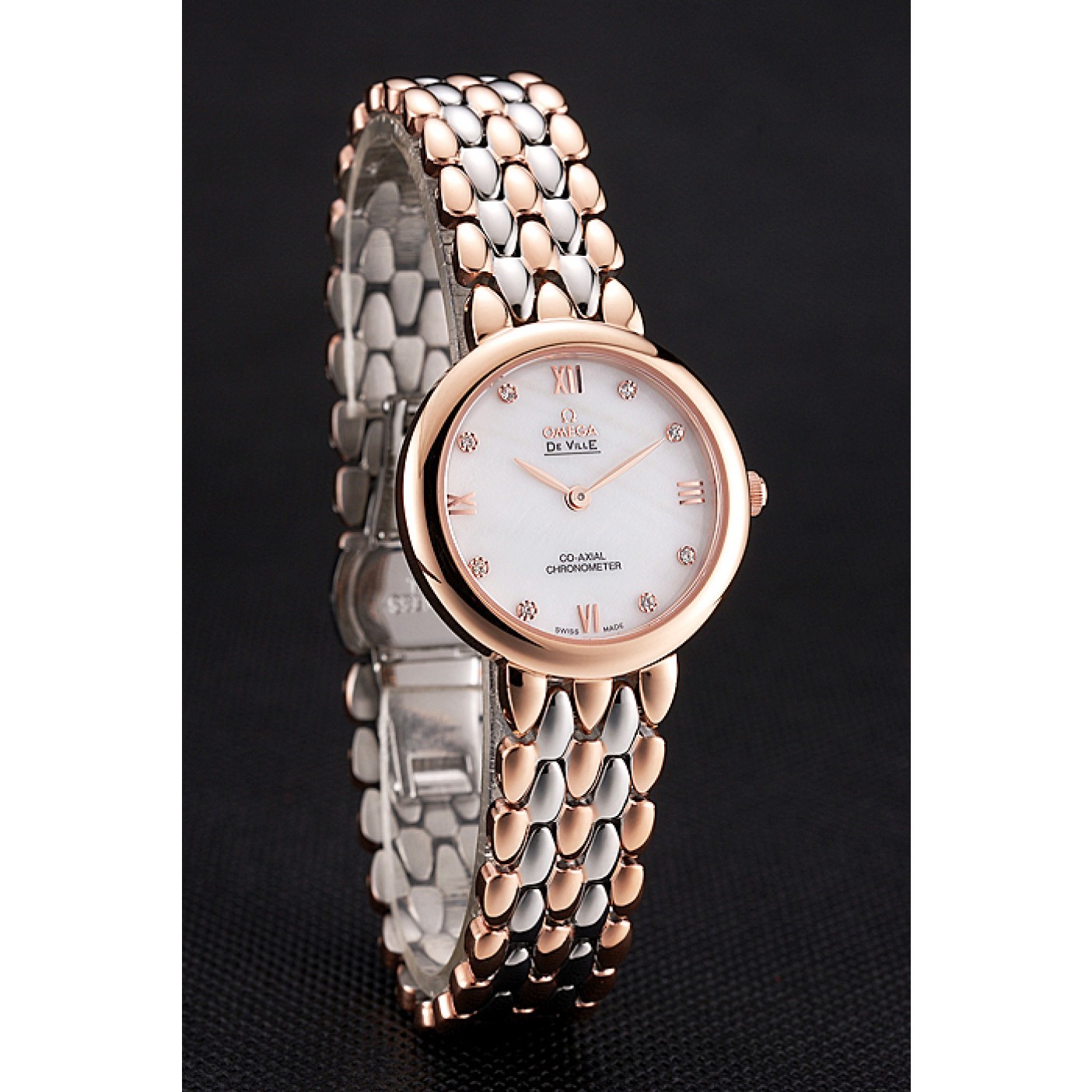 MiroTime Omega De Ville Prestige No Date White Dial With Diamonds Rose Gold Case Two Tone Bracelet