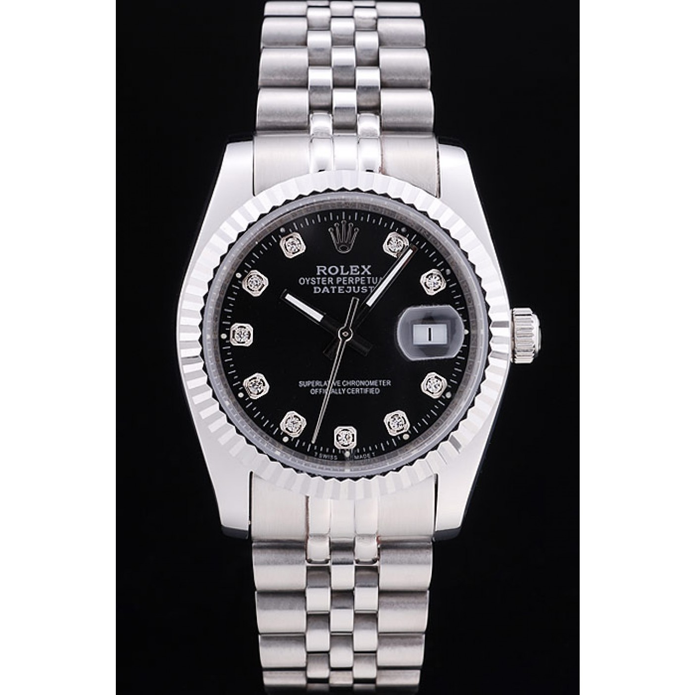 MiroTime Rolex Datejust Black Dial Diamonds Ribbed Bezel 7458