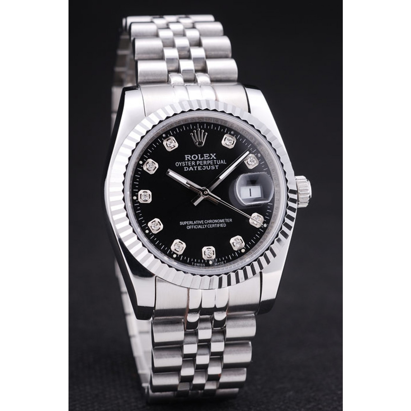 MiroTime Rolex Datejust Black Dial Diamonds Ribbed Bezel 7458
